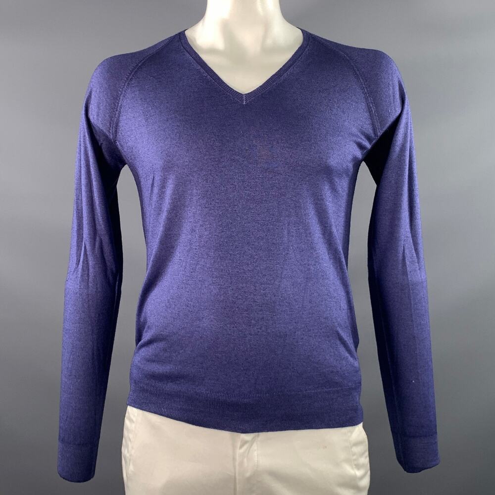PRADA Size L Blue Knitted Wool  Silk V-Neck Pullover